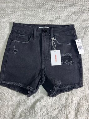 Good American Black Distressed Frayed Hem Denim Shorts size 0